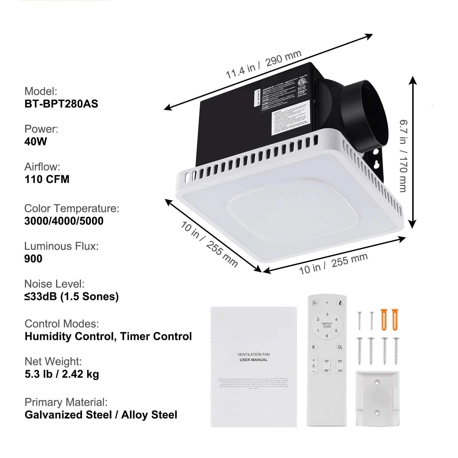 Bathroom Exhaust Fan with LED Light 80/110 CFM Quiet Heating-110CFM TypeC / United States