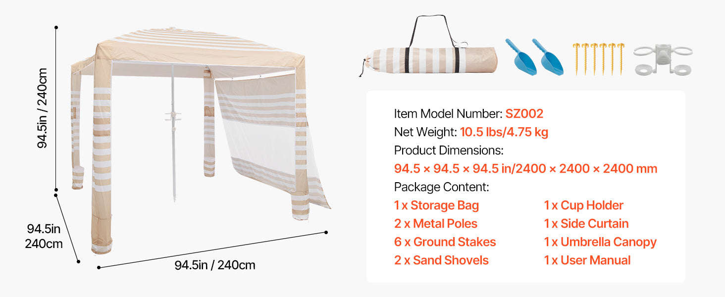 Beach Cabana Canopy with Side Wall and Sand Pockets-8ft x 8ft typeD / United States