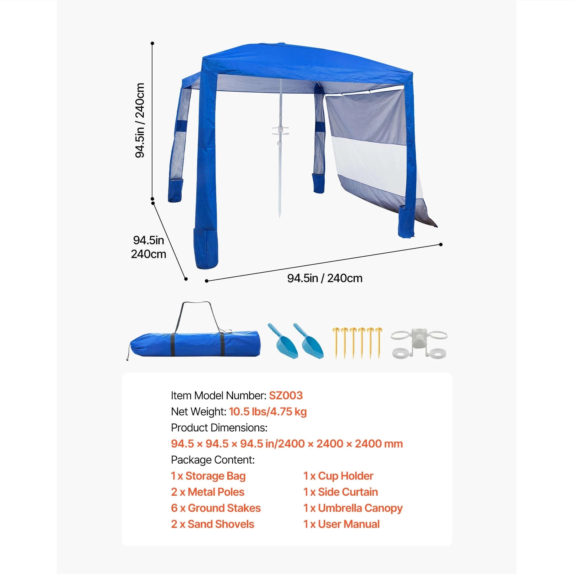 Beach Cabana Canopy with Side Wall and Sand Pockets-8ft x 8ft typeD / United States