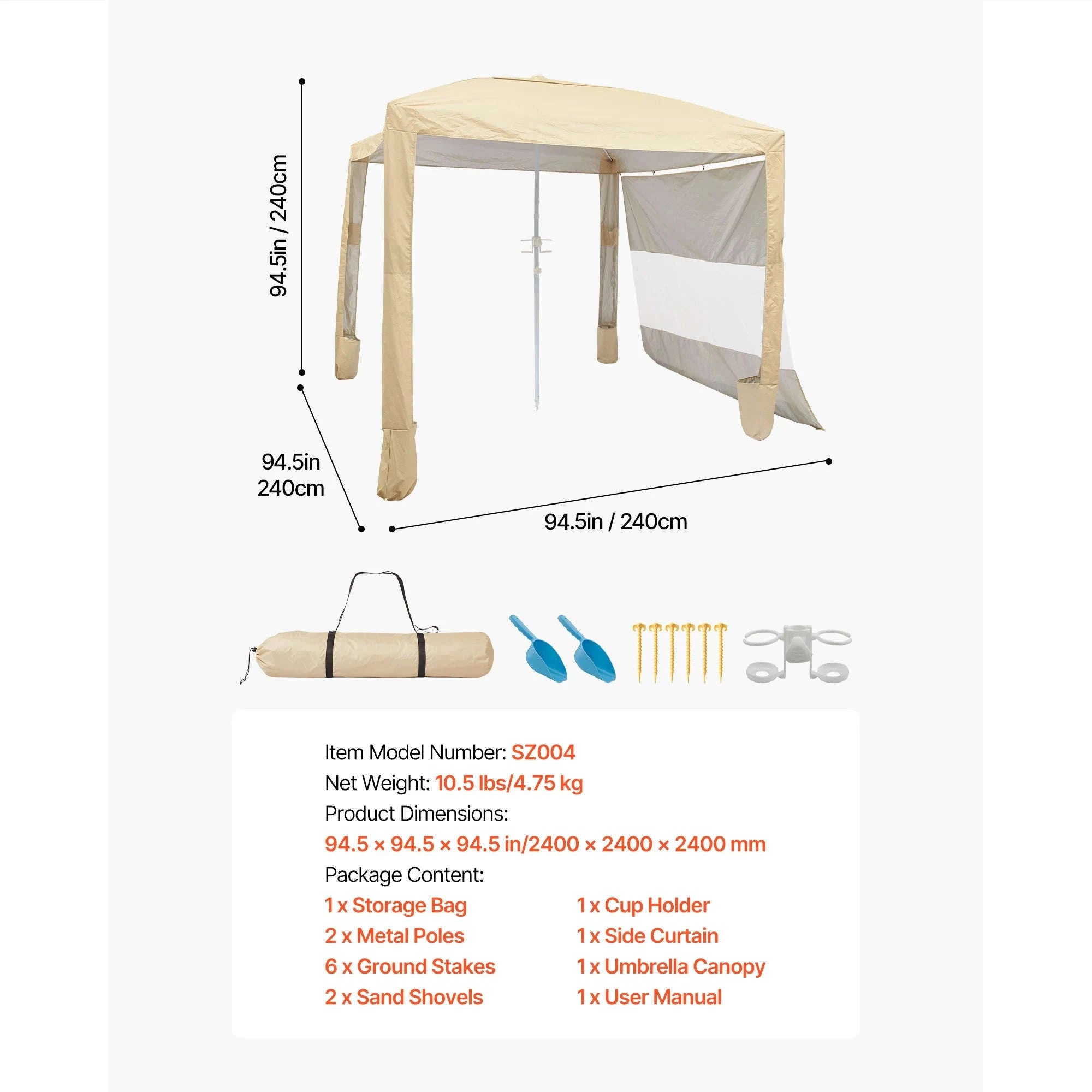 Beach Cabana Canopy with Side Wall and Sand Pockets-8ft x 8ft typeD / United States