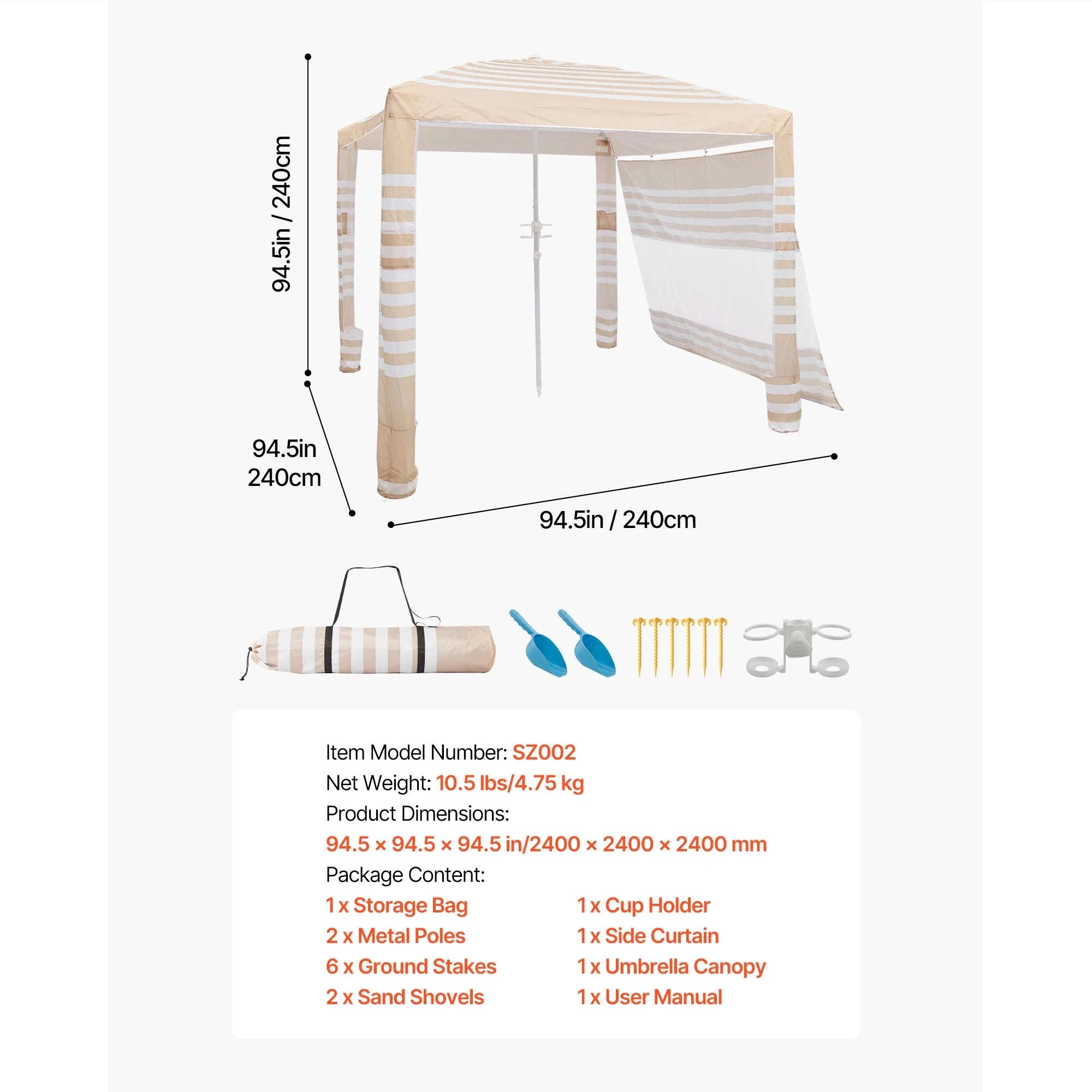 Beach Cabana Canopy with Side Wall and Sand Pockets-8ft x 8ft typeD / United States