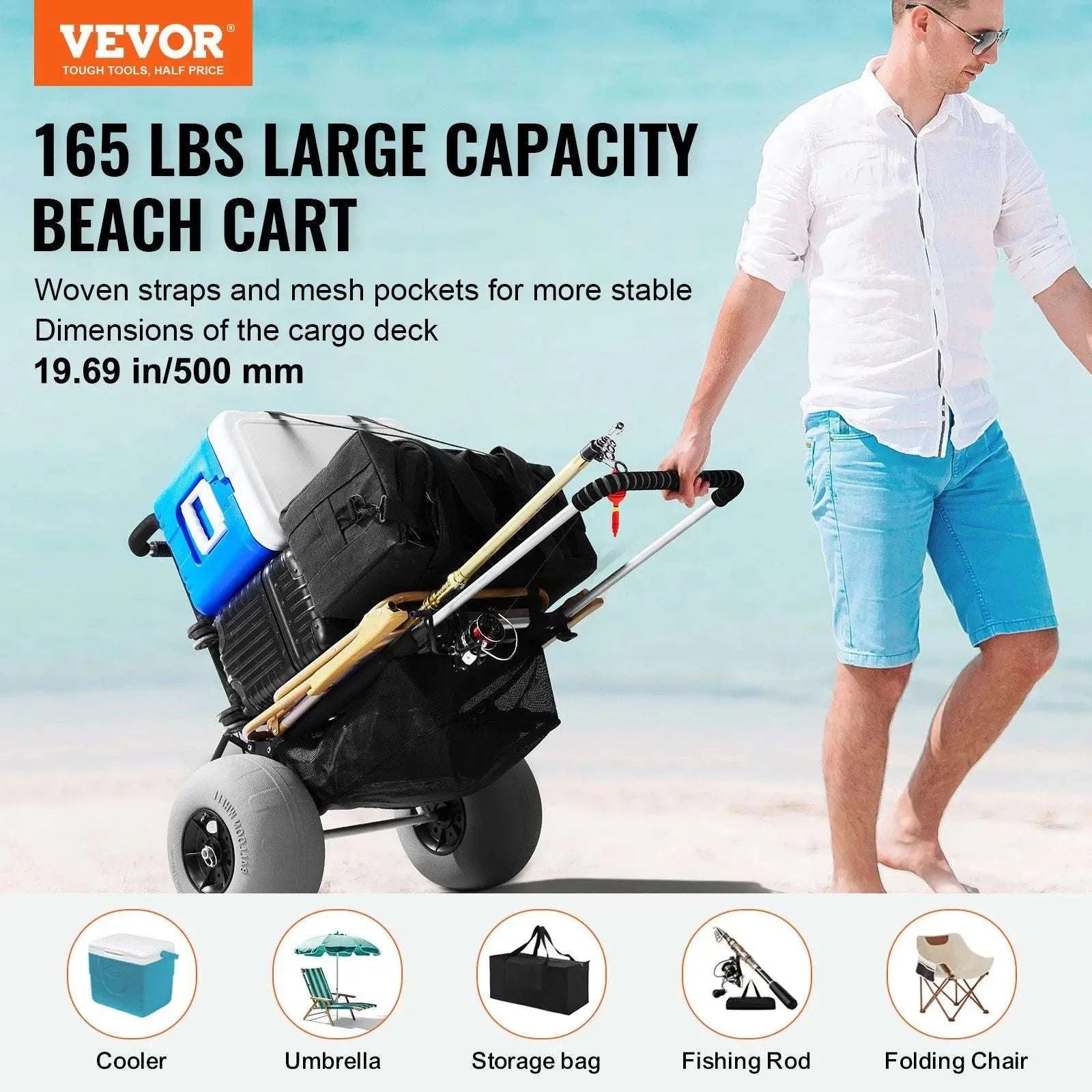 Beach Dolly Cart with 12" Balloon Wheels, 165lb Capacity Foldable-United States