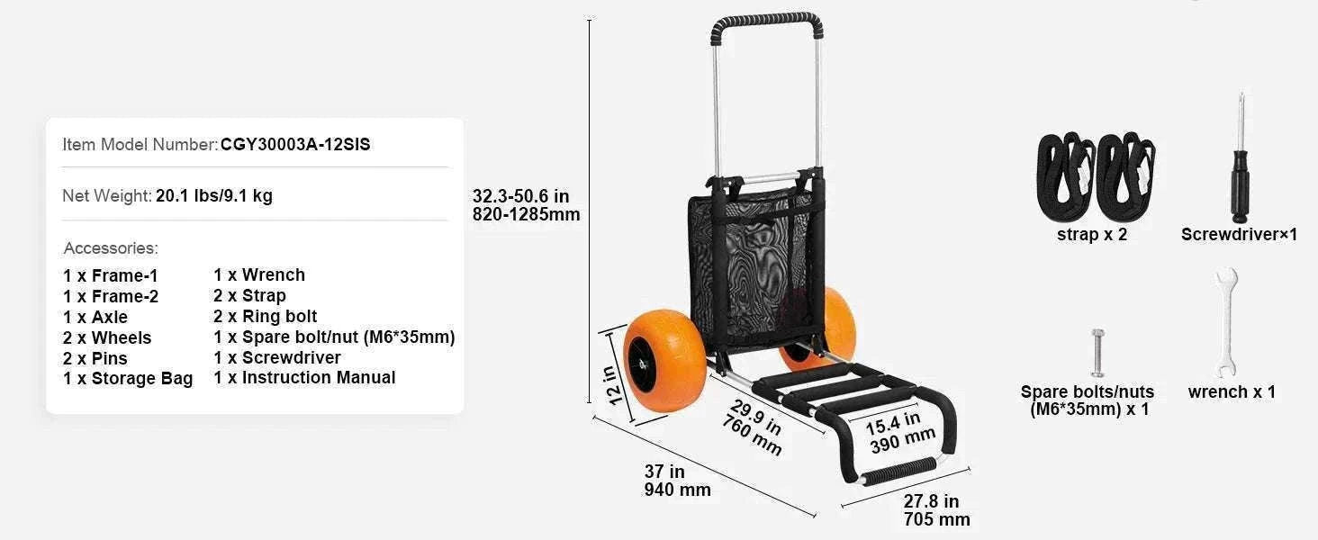 Beach Dolly Cart with Big Sand Wheels 165lb Folding Cargo Carrier-165LBS / CZECH REPUBLIC
