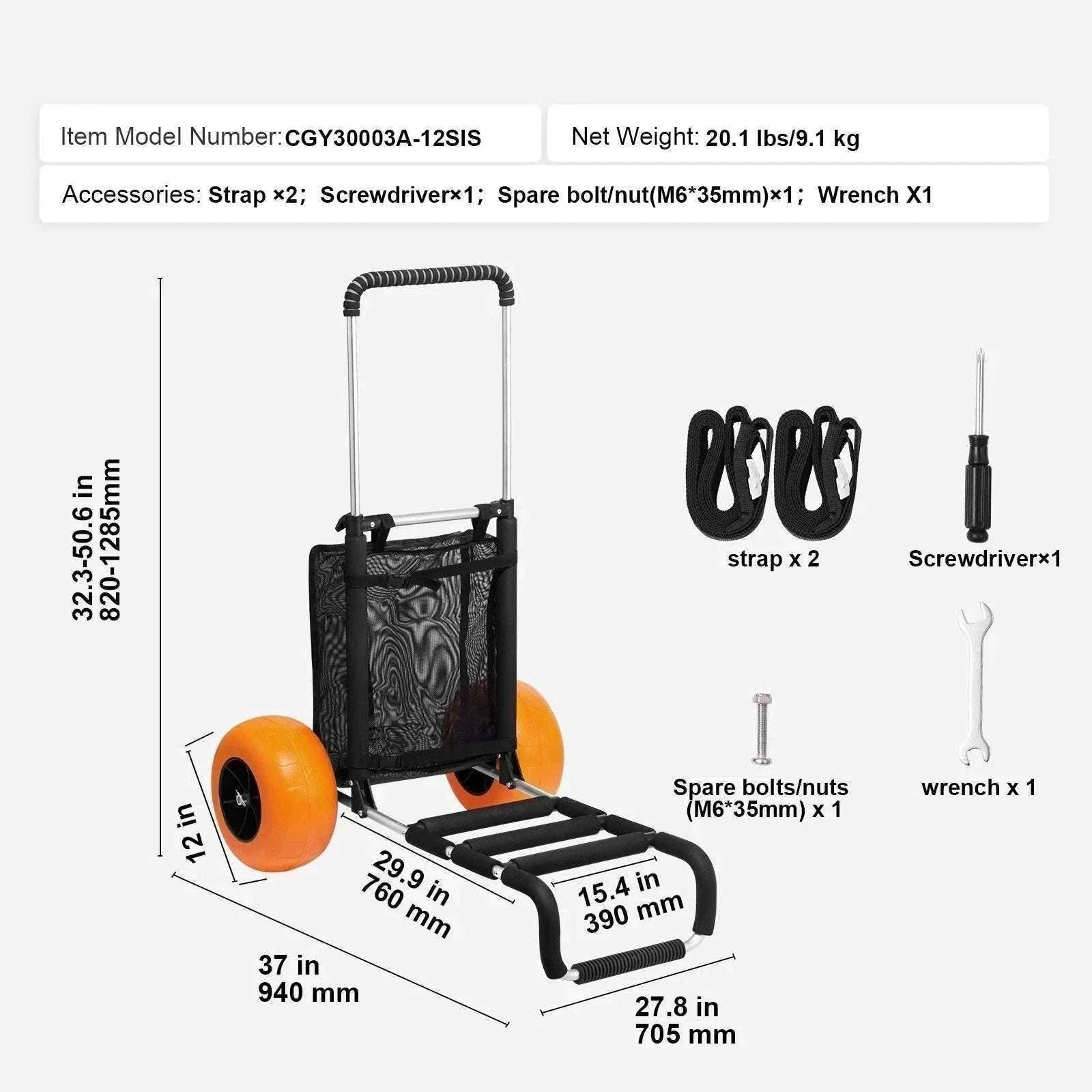 Beach Dolly Cart with Big Sand Wheels 165lb Folding Cargo Carrier-165LBS / CZECH REPUBLIC