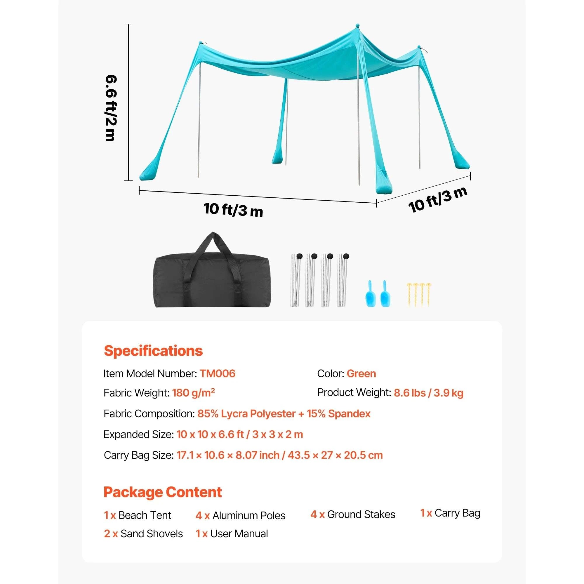 Beach Tent Sun Shelter UPF50+ Pop Up Canopy for 3–4 People-10x10x6.6ft Green 4 / United States