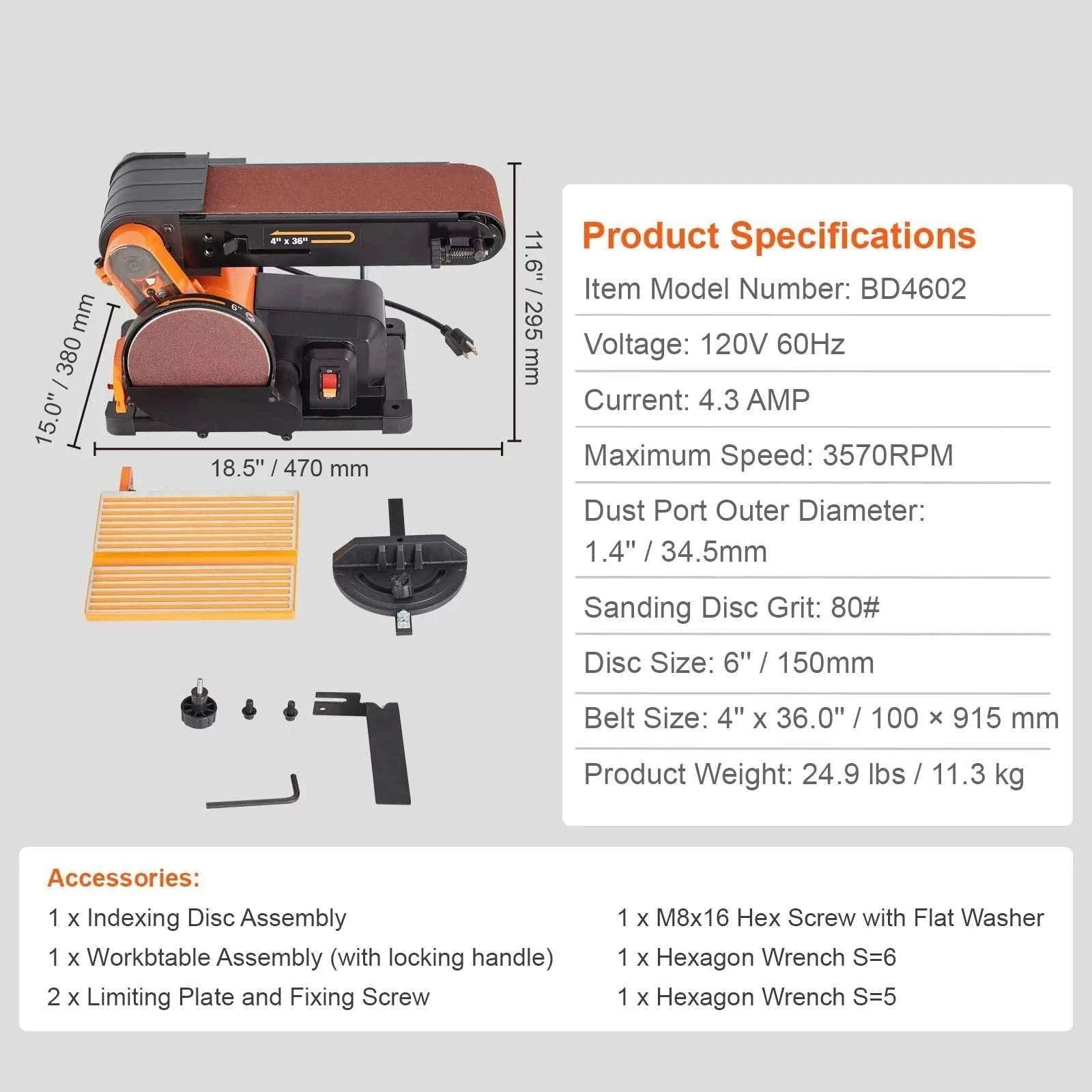 Belt Disc Sander Combo Bench with Adjustable Angle and Induction Motor-5.0AMP / United States