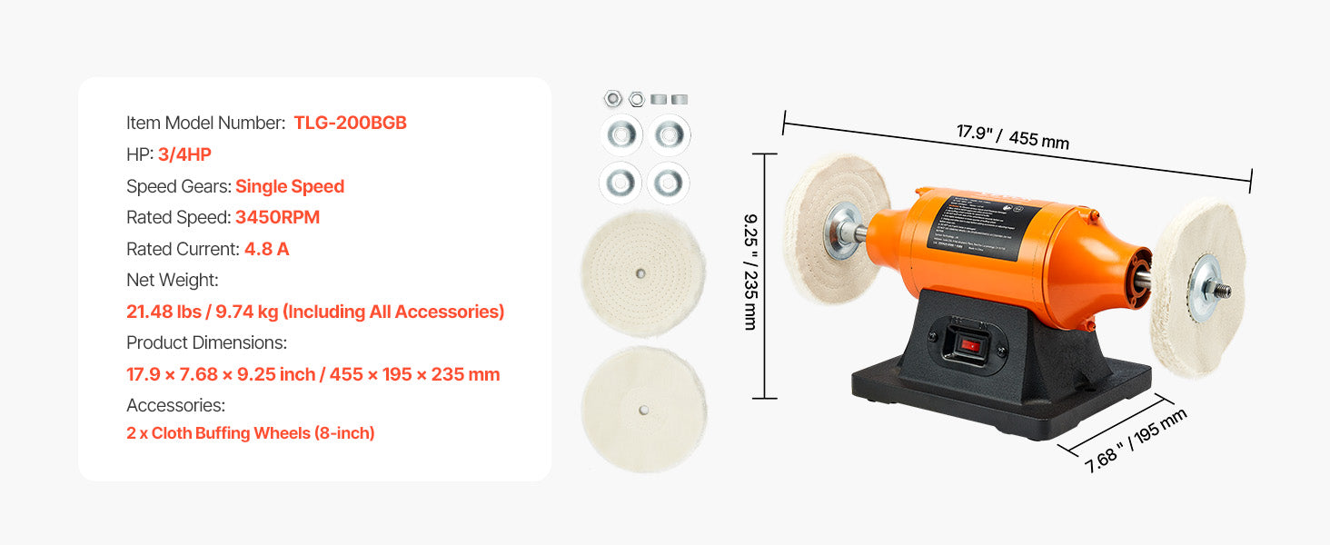 6-Inch Bench Buffer Polisher 1/2HP 3450RPM with Cloth Wheels