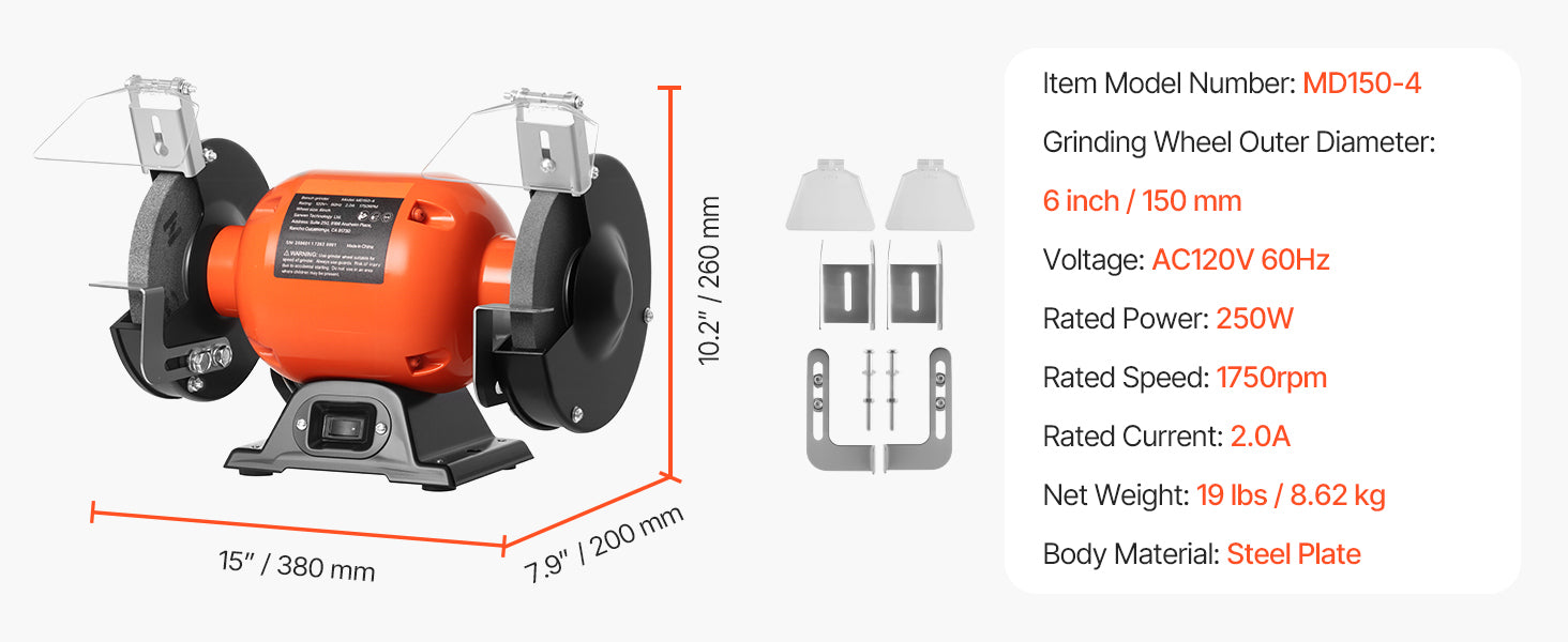 6-Inch Bench Grinder 1750RPM Low-Speed with Adjustable Tool Rest