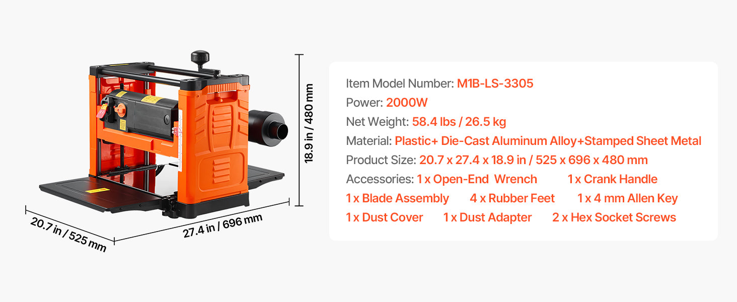Raboteuse d'épaisseur de table 13 pouces 2000W à double vitesse pour travail du bois