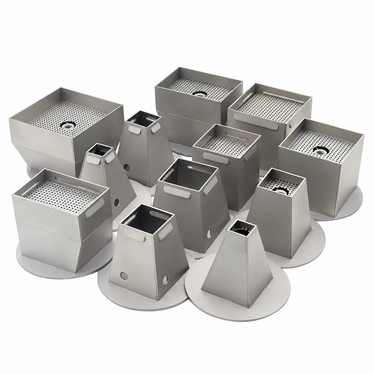 Metal hot-air rework nozzles on white background