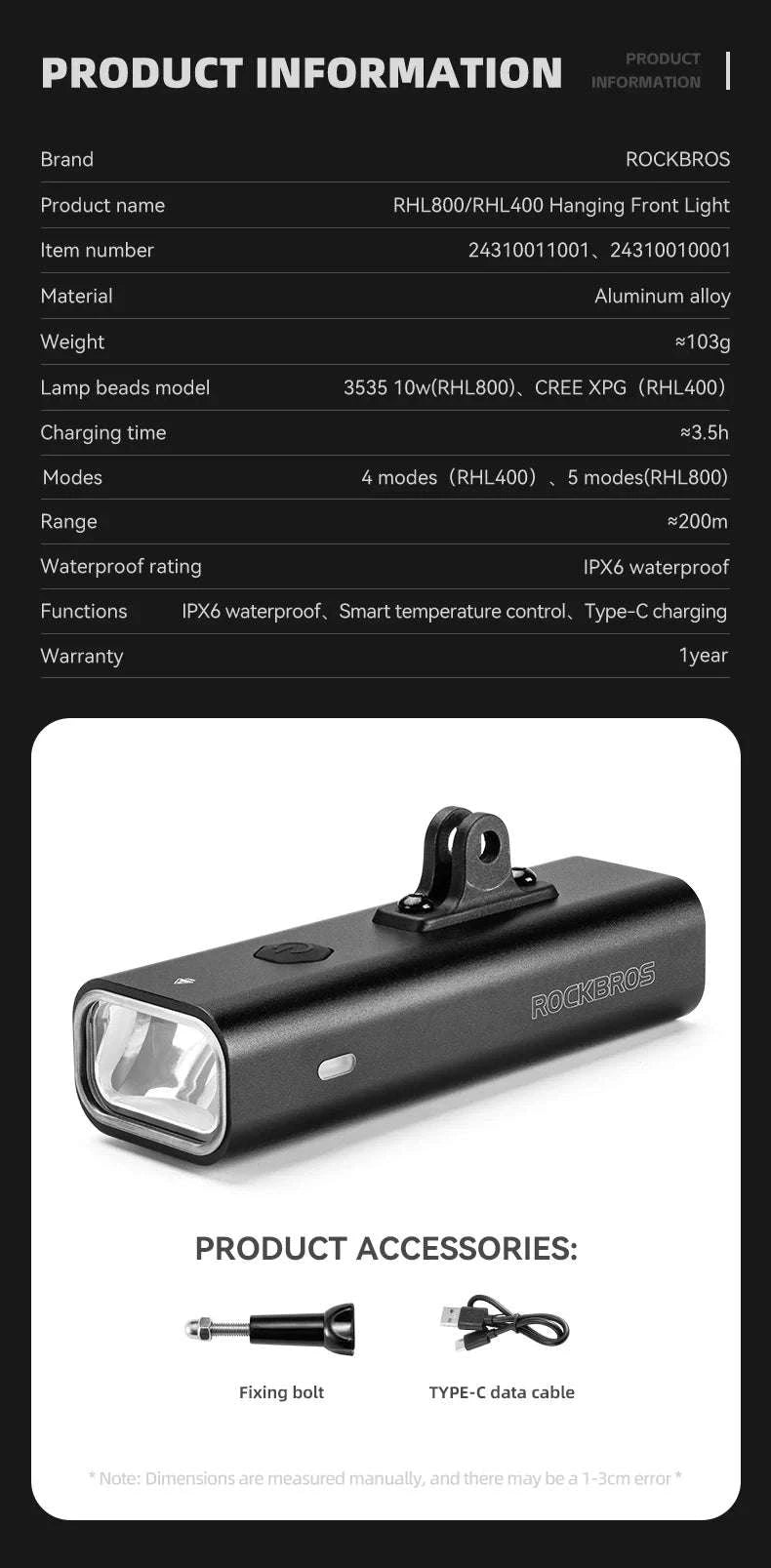Bike Front Light 400/800LM USB-C Rechargeable IPX6 Aluminum-400LM(only light)
