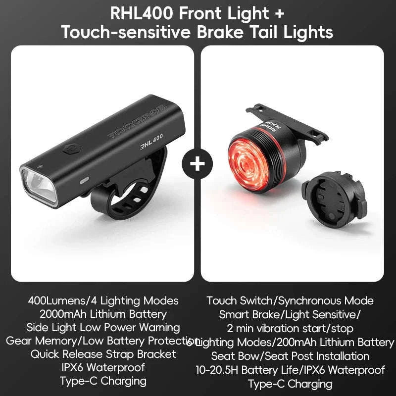 Bike Light Set with Smart Brake Sensor Tail Light 200/400LM-RHL400-BLS2