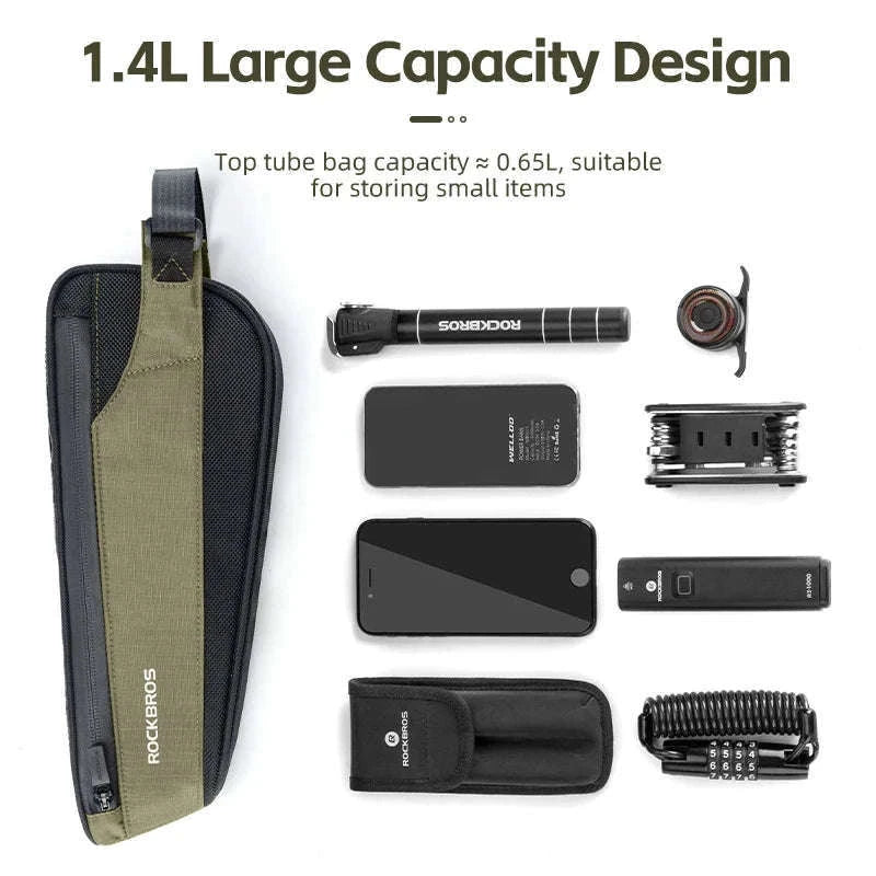 Bike Top Tube Frame Bag Rainproof Nylon Phone & Tool Storage-green 0.65L