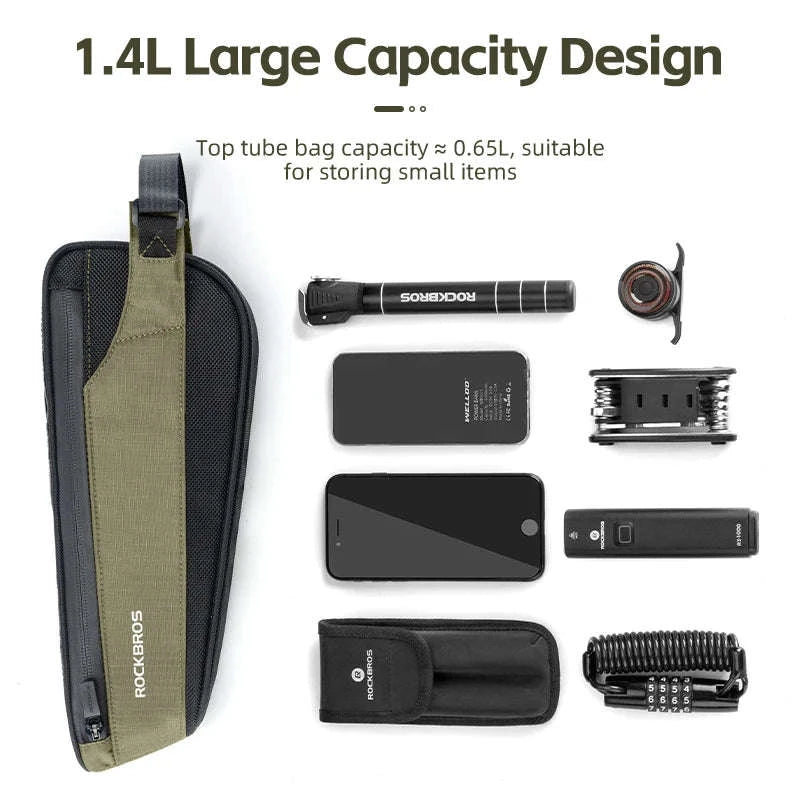 Bike Top Tube Frame Bag Rainproof Nylon Phone & Tool Storage-green 0.65L