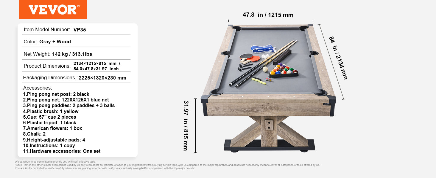 7ft 3-in-1 Pool Table with Dining Top & Table Tennis Set