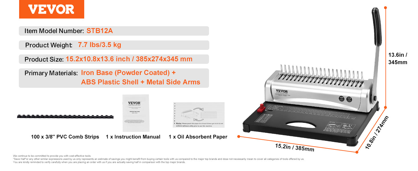 21-Hole Comb Binding Machine with 450 Sheet Capacity & 100 Spines