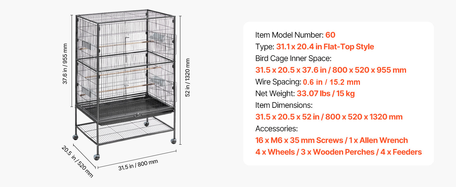Bird Flight Cage with Perches, Slide-Out Tray, Feeders and Wheels