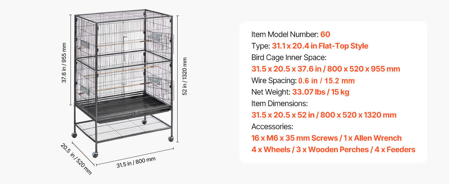 Bird Flight Cage with Perches, Slide-Out Tray, Feeders and Wheels-24.5 x 17inch / spain