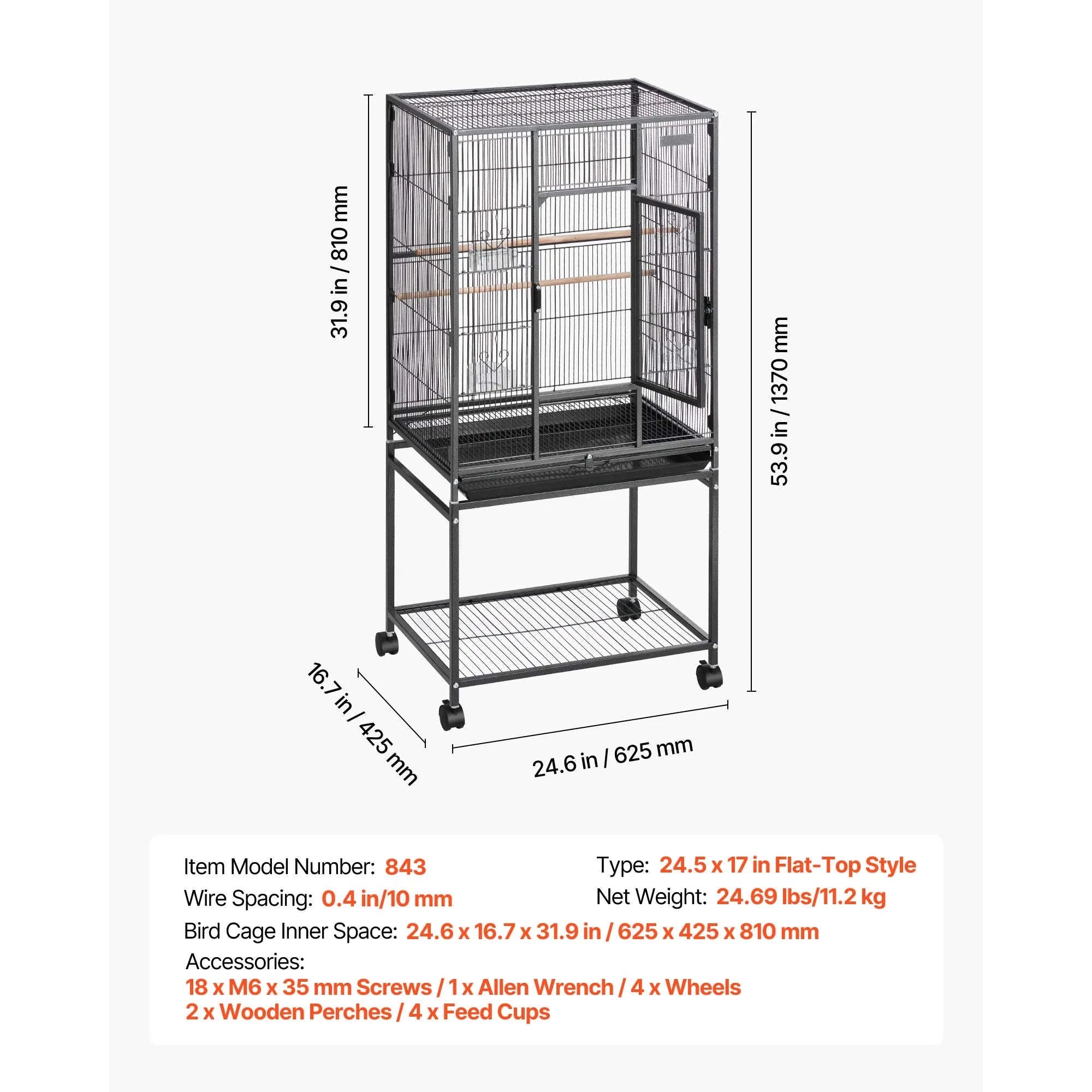 Bird Flight Cage with Perches, Slide-Out Tray, Feeders and Wheels-24.5 x 17inch / spain