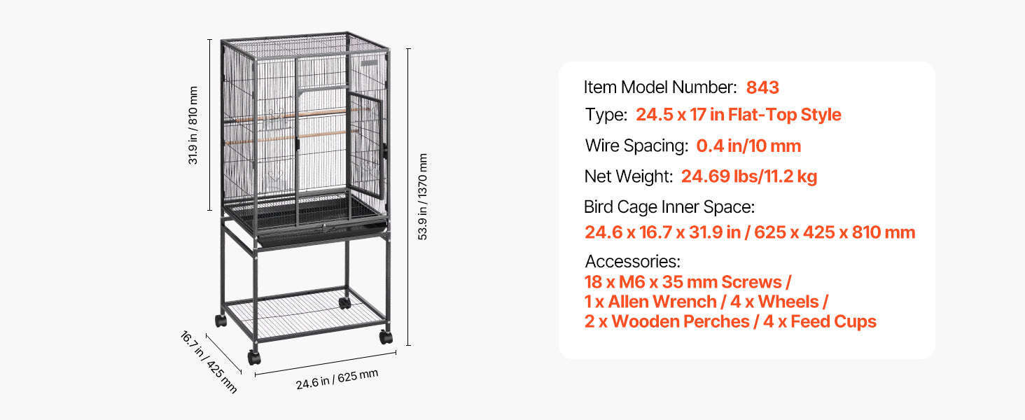 Bird Flight Cage with Perches, Slide-Out Tray, Feeders and Wheels-24.5 x 17inch / spain