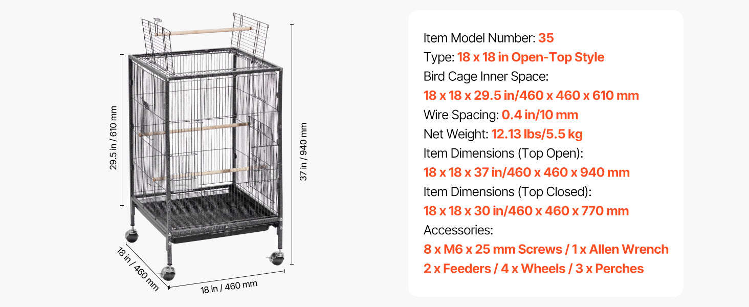 Bird Flight Cage with Perches, Slide-Out Tray, Feeders and Wheels-24.5 x 17inch / spain
