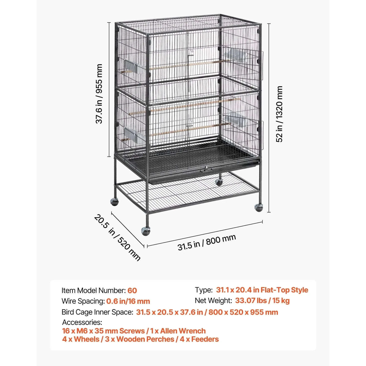 Bird Flight Cage with Perches, Slide-Out Tray, Feeders and Wheels-24.5 x 17inch / spain