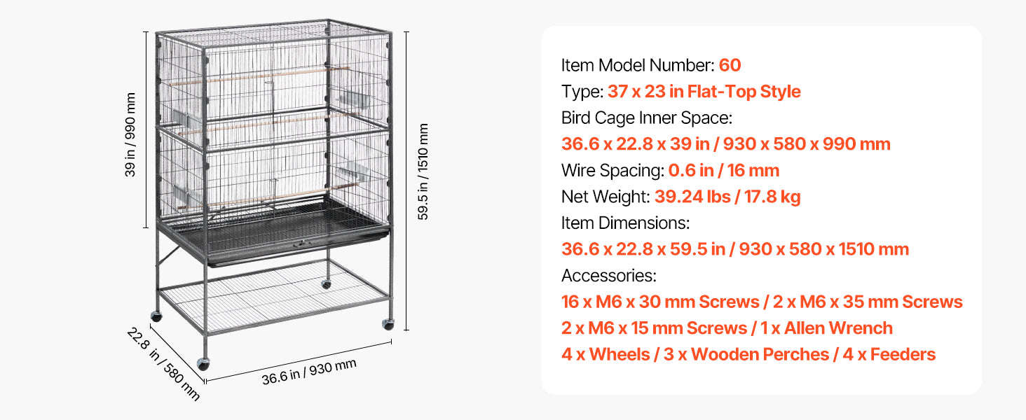 Bird Flight Cage with Perches, Slide-Out Tray, Feeders and Wheels-24.5 x 17inch / spain