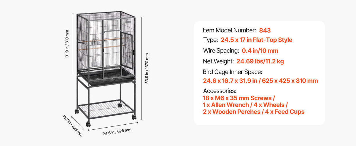 Bird Flight Cage with Perches, Slide-Out Tray, Feeders and Wheels-24.5 x 17inch / spain