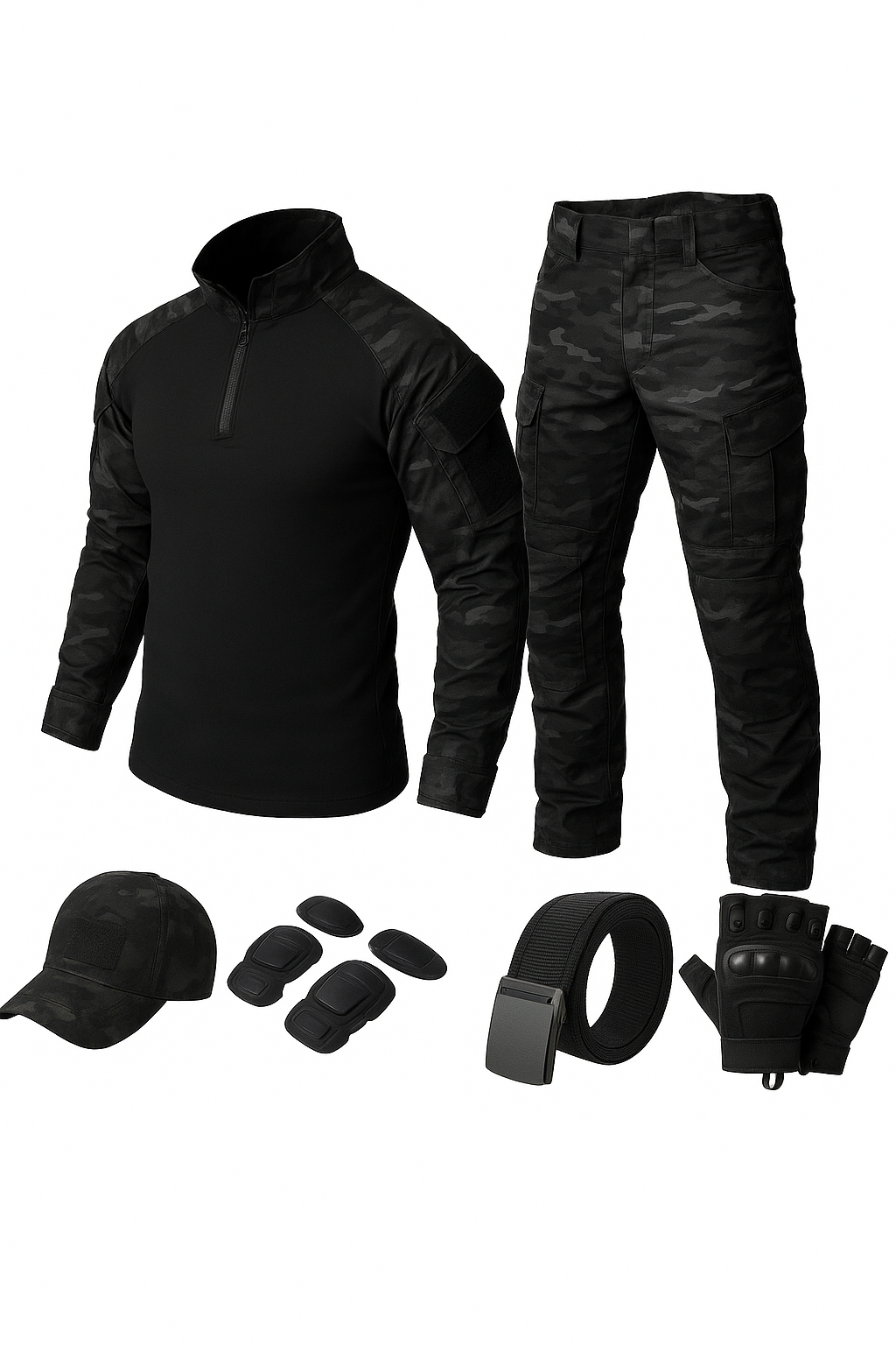 Black Camo Training Sets 1/4 Zipper Combat Tops Tactical Suits Hiking Pants Men Durable Shirts Multiple Pockets Wear-resisting - Spy-shop.com