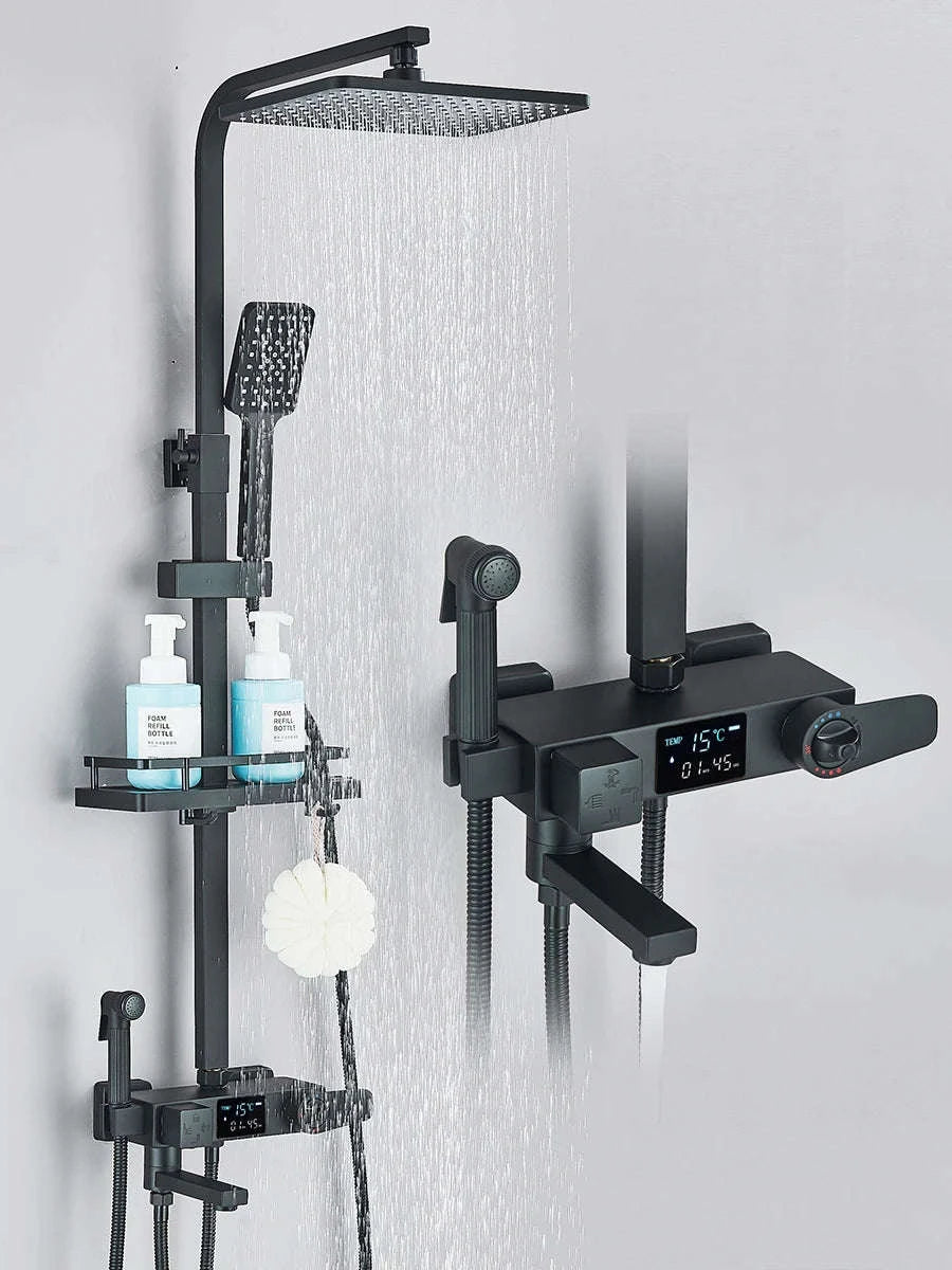 Black Digital Display Thermostatic Shower Faucet Set-Matte Black / GERMANY