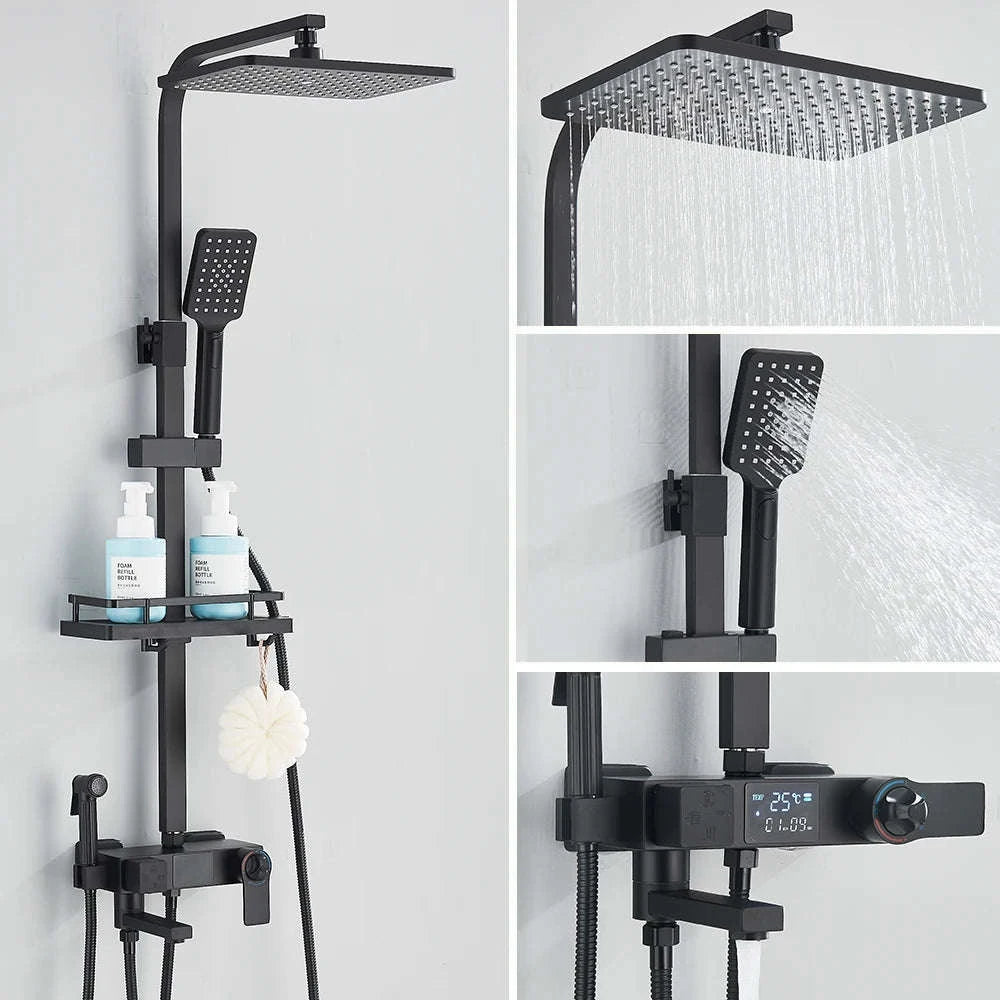 Black Digital Display Thermostatic Shower Faucet Set-Matte Black / GERMANY