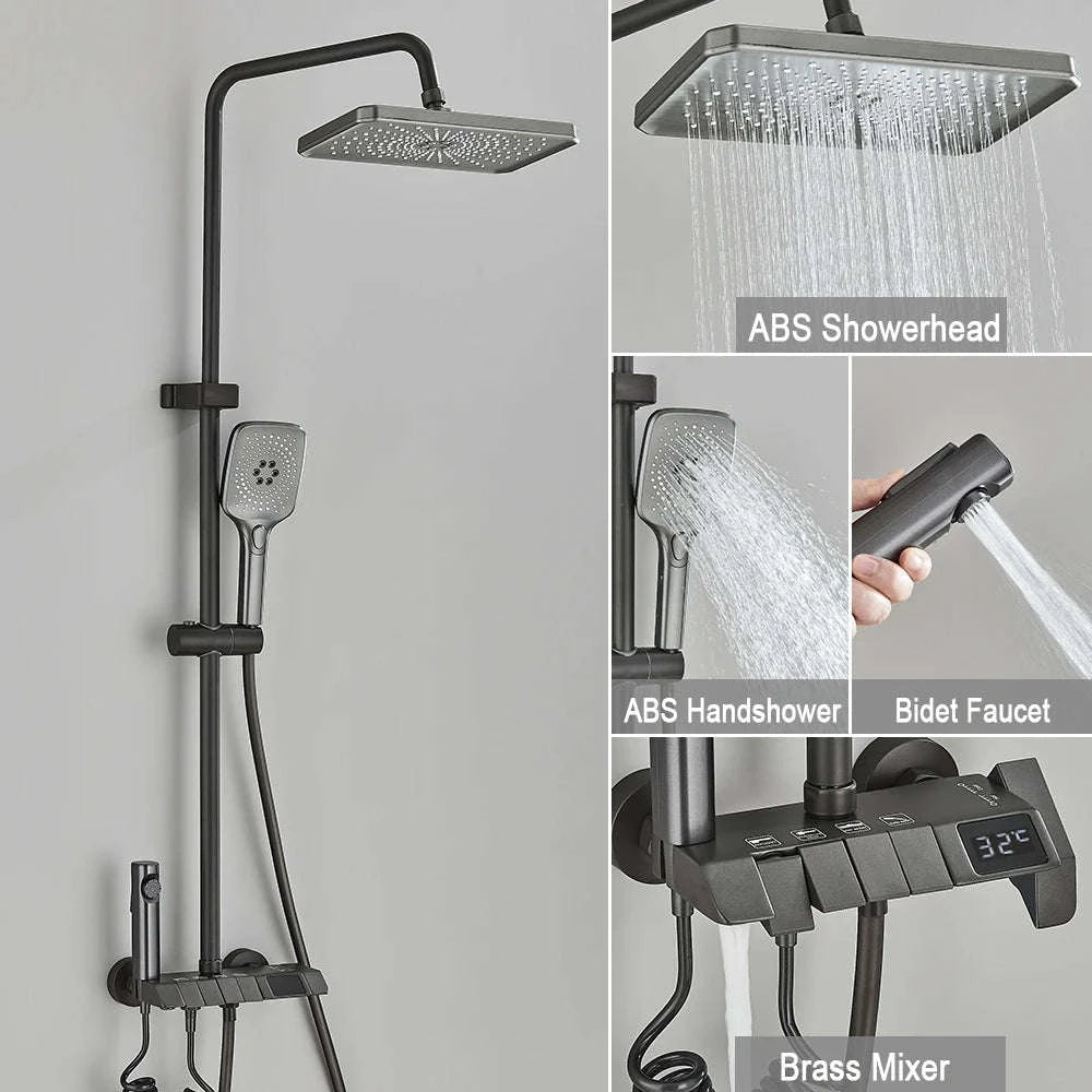 Black Digital Shower Set with Rainfall Head and Hand Shower-White / Poland