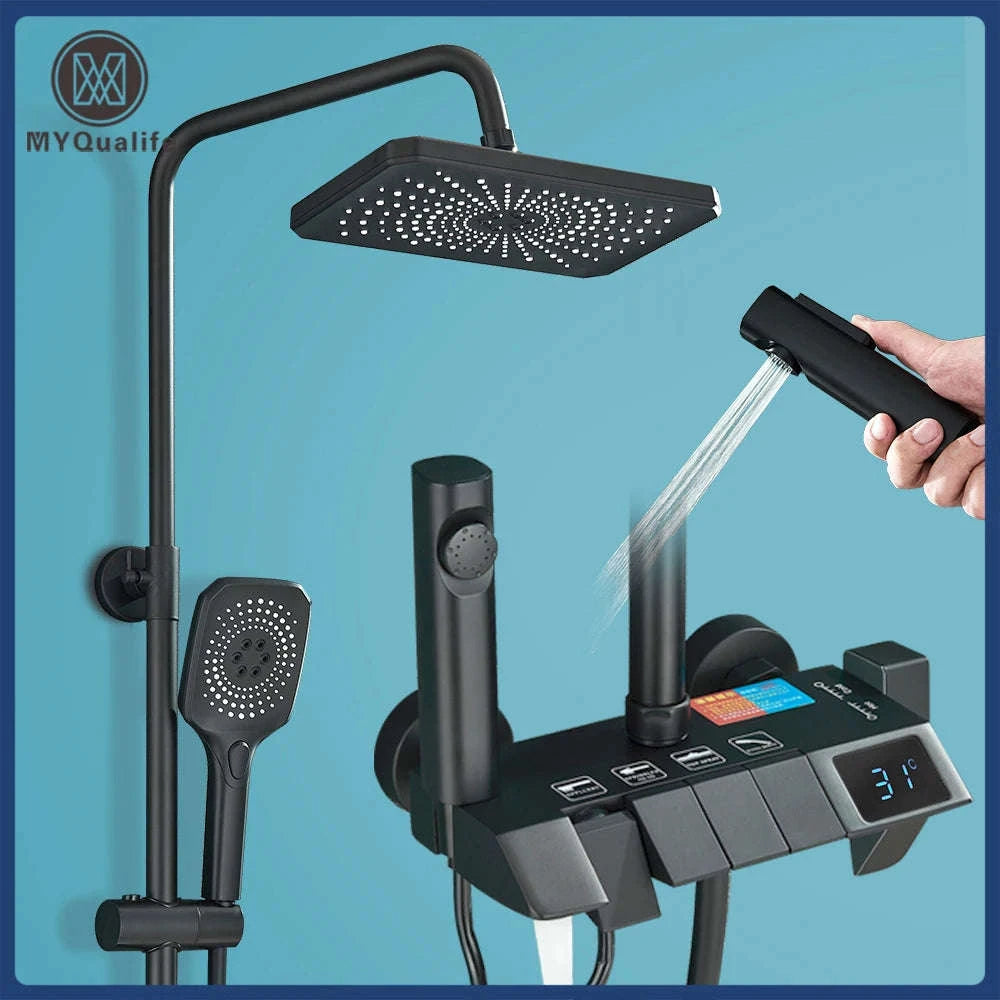 Black Digital Shower Set with Rainfall Head and Hand Shower-White / Poland