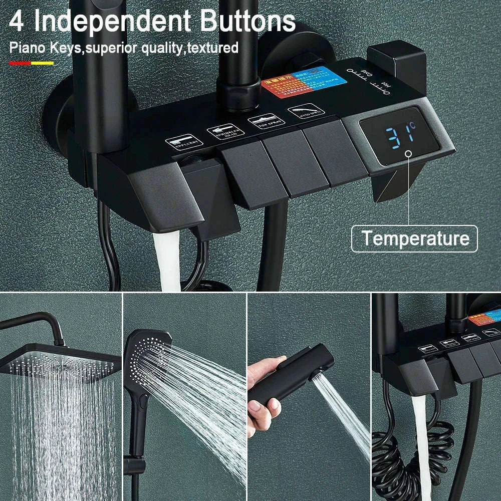 Black Digital Shower Set with Rainfall Head and Hand Shower-White / Poland