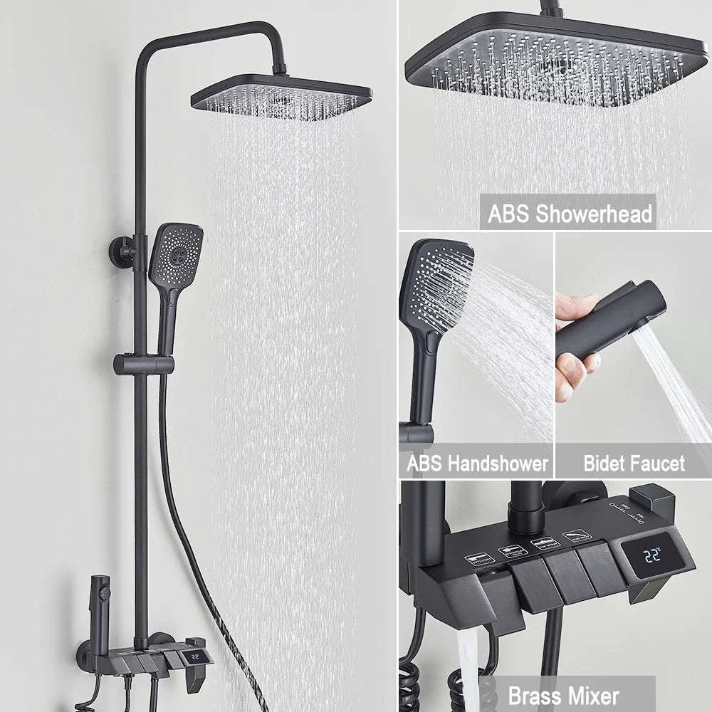 Black Digital Shower Set with Rainfall Head and Hand Shower-White / Poland