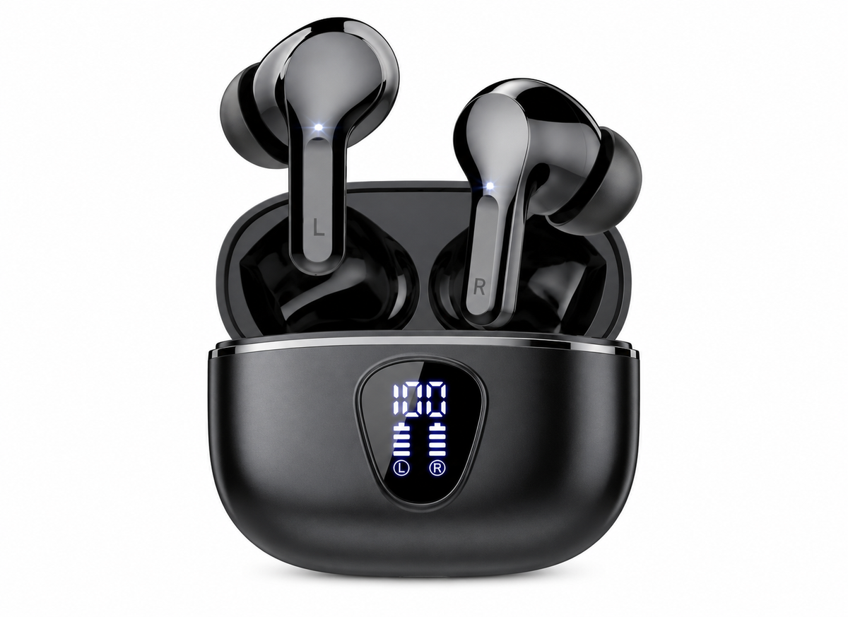 Black earbuds in open charging case on white background