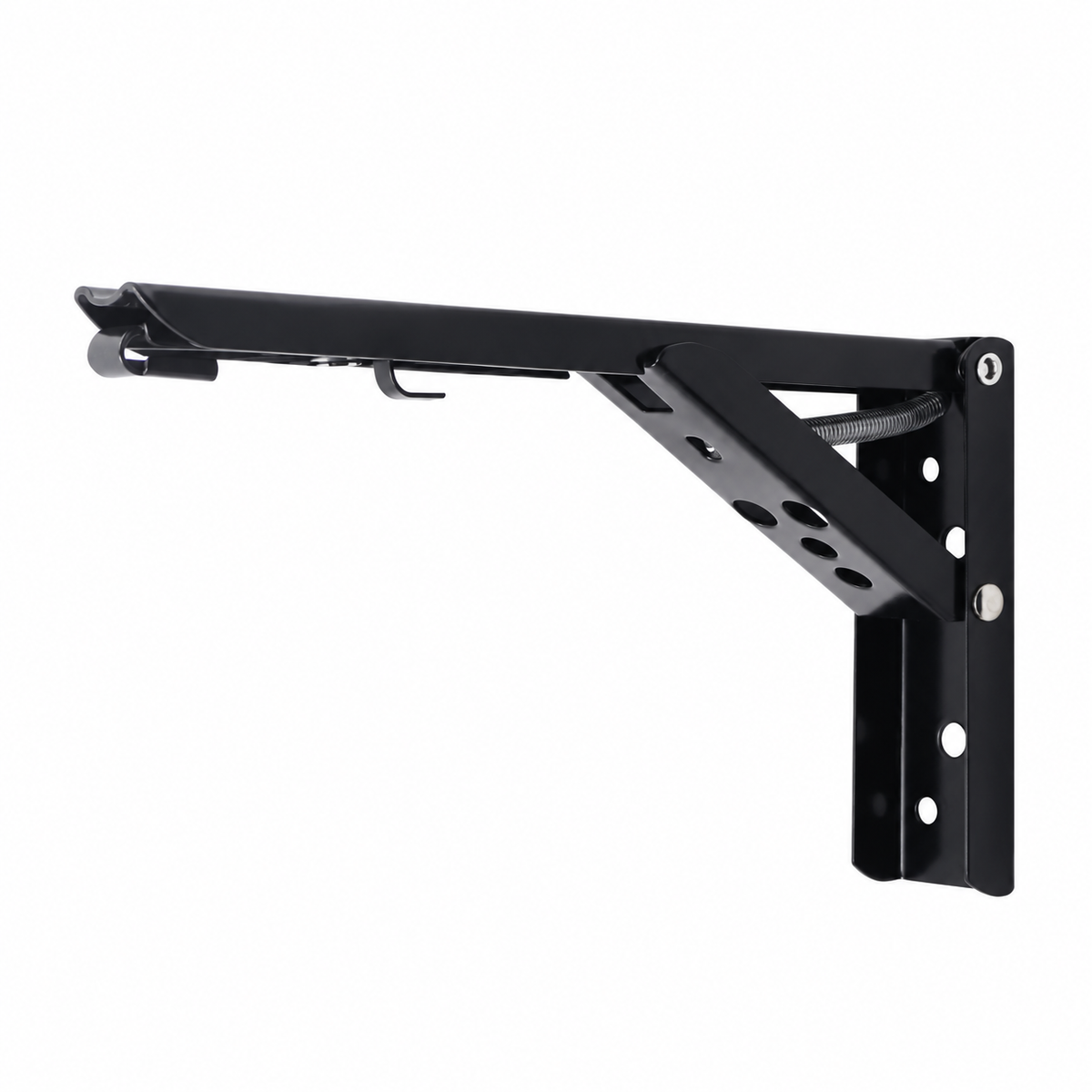 Black folding shelf bracket on white background