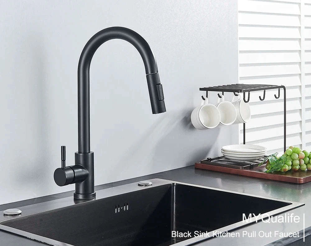 Black Kitchen Faucet with Pull-Out Dual-Function Spray-Brushed Gold / Poland