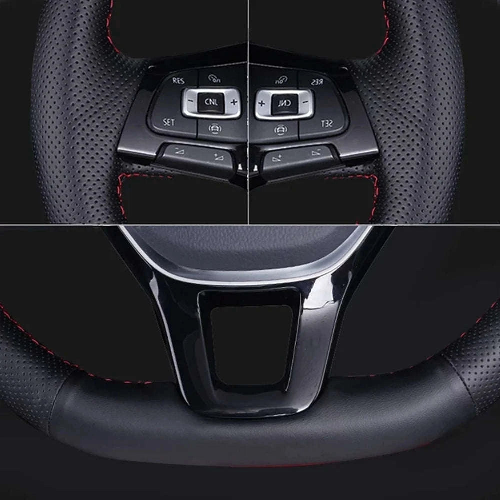 Black Leather VW Steering Wheel Cover-Red Thread