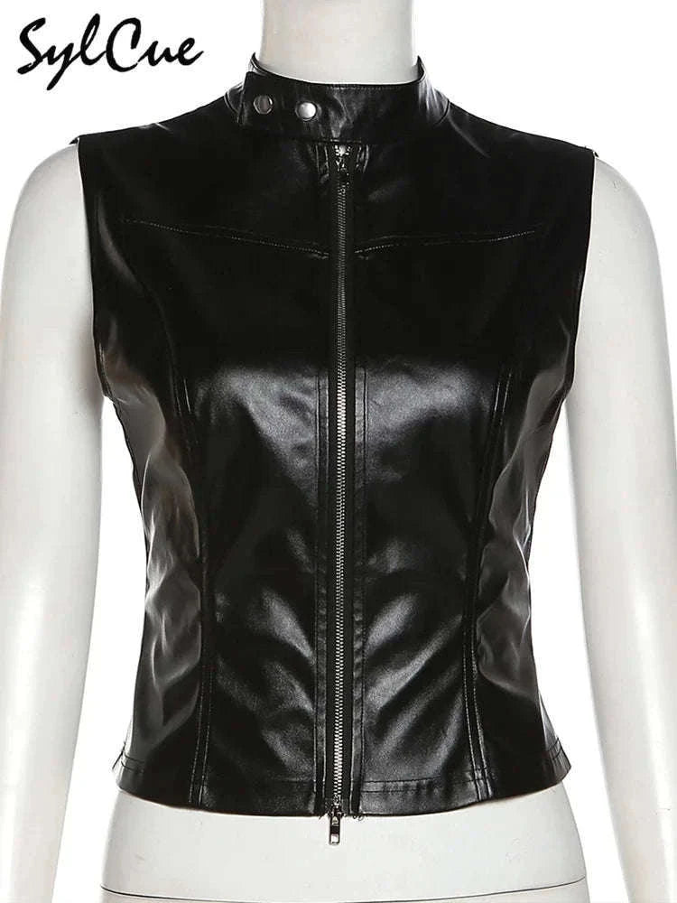 Black Matte Faux Leather Zipper Vest for Women – Sleek Street Style-black / L