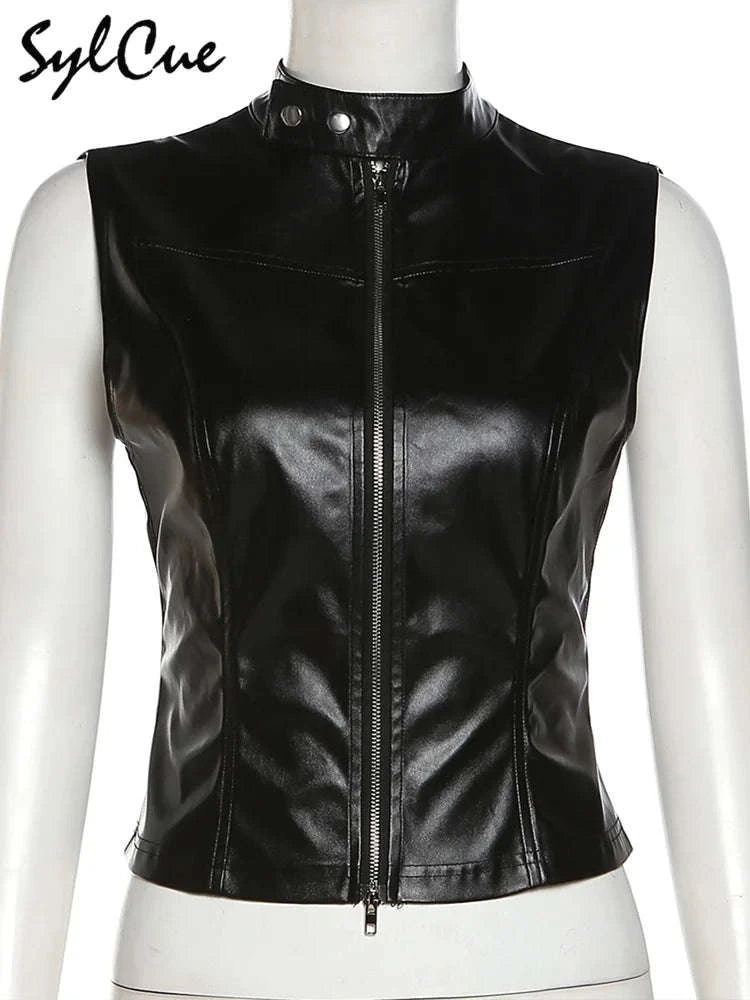 Black Matte Faux Leather Zipper Vest for Women – Sleek Street Style-black / S