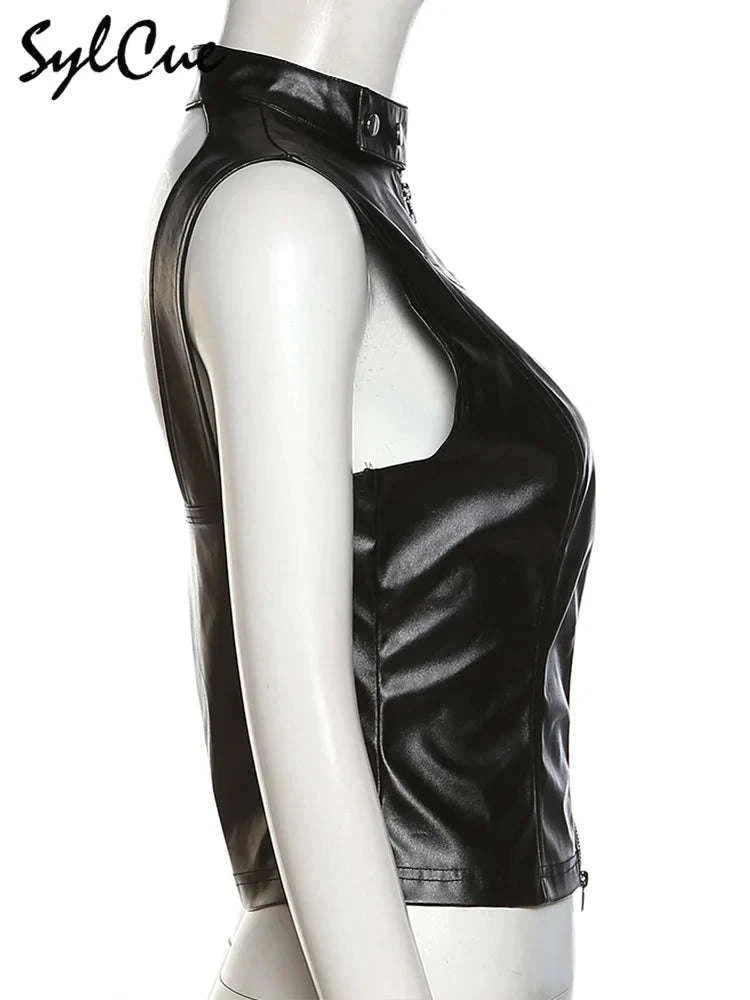 Black Matte Faux Leather Zipper Vest for Women – Sleek Street Style-black / S
