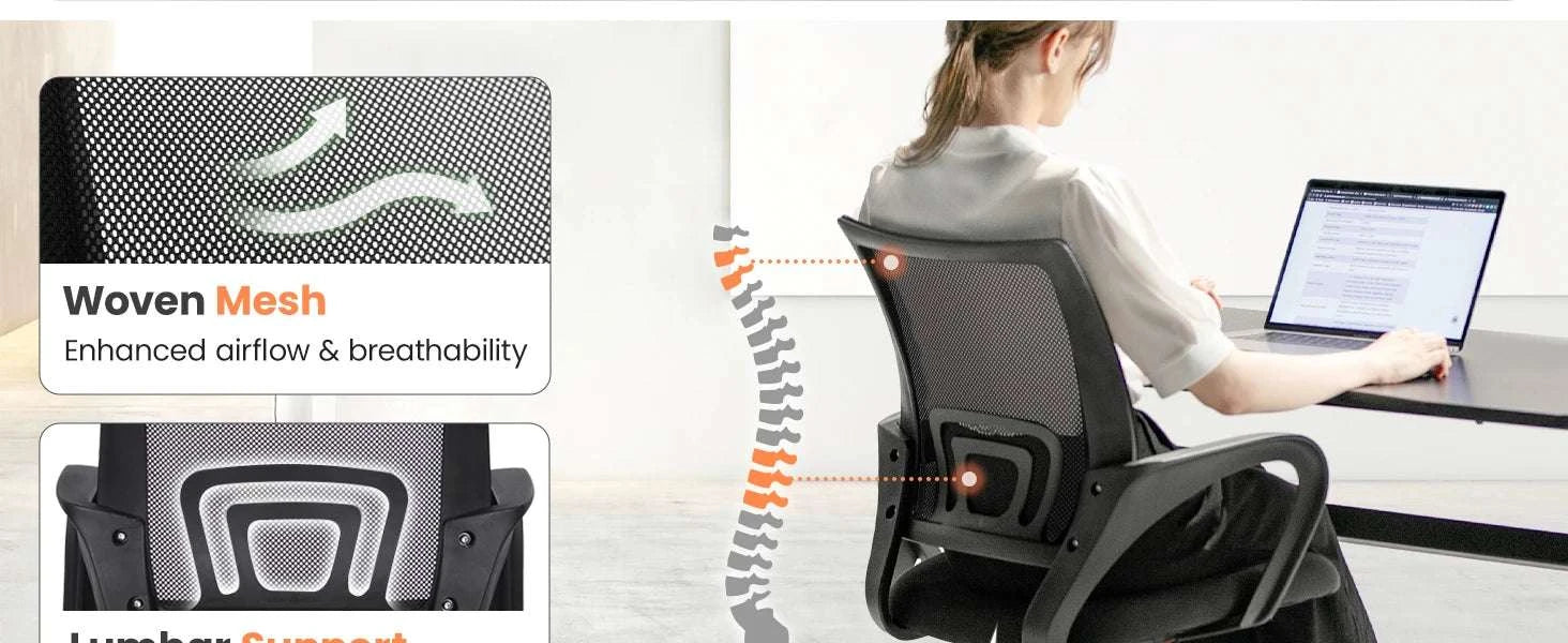Black Mesh Office Chair with Lumbar Support, Swivel & Adjustable Height-Black / United States