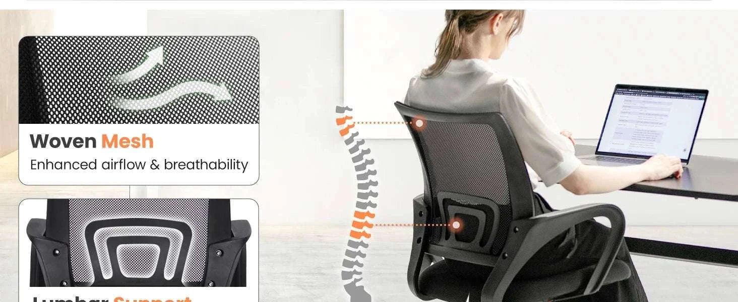 Black Mesh Office Chair with Lumbar Support, Swivel & Adjustable Height-Black / United States