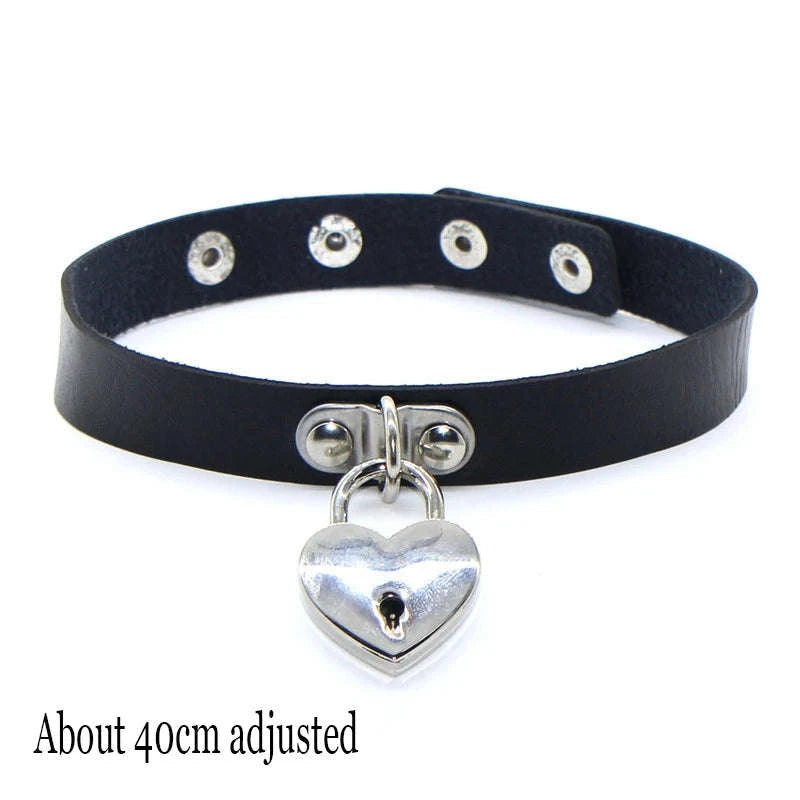 Black PU Leather Heart Lock Choker Necklace-Long Rivet