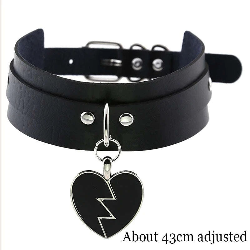 Black PU Leather Heart Lock Choker Necklace-Long Rivet