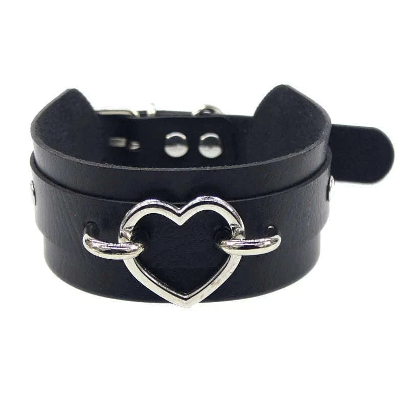 Black PU Leather Heart Lock Choker Necklace-Long Rivet
