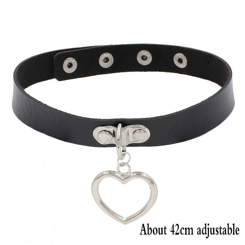 Black PU Leather Heart Lock Choker Necklace-Long Rivet