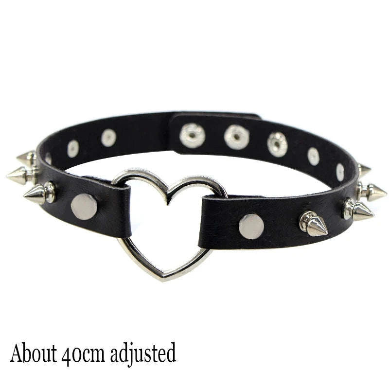 Black PU Leather Heart Lock Choker Necklace-Long Rivet