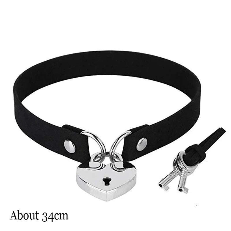 Black PU Leather Heart Lock Choker Necklace-Long Rivet